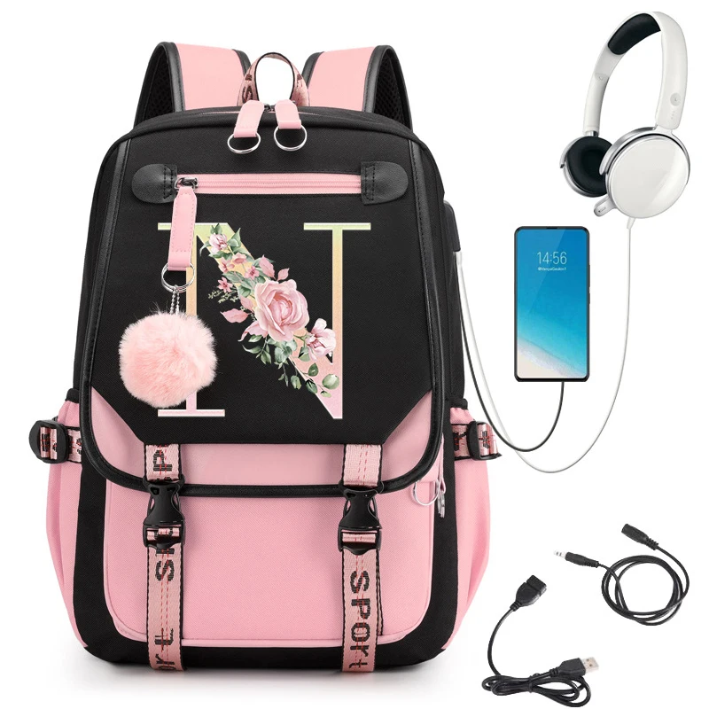 Pink Backpack Graphic Gold Printed Letter Flower A-Z Alphabet Shoulders Bag Teenage Fashion Girl Backpack High School Backpacks