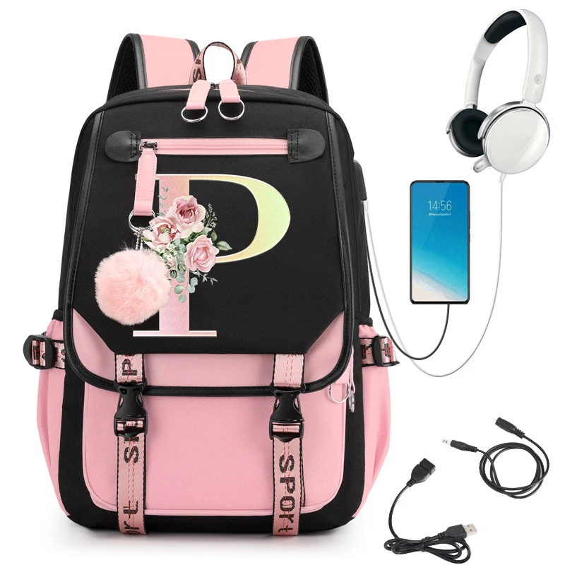 Pink Backpack Graphic Gold Printed Letter Flower A-Z Alphabet Shoulders Bag Teenage Fashion Girl Backpack High School Backpacks