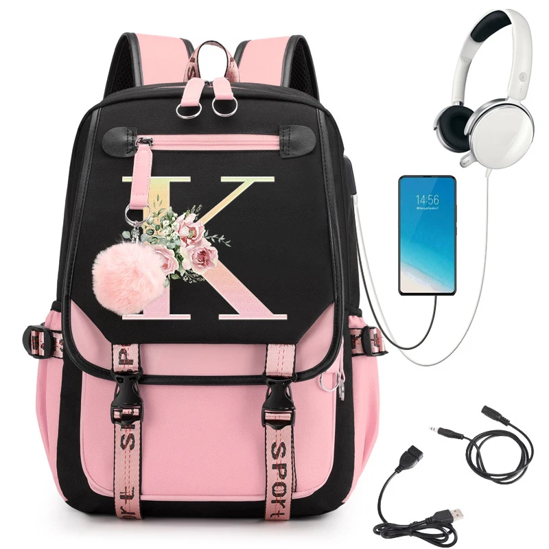Pink Backpack Graphic Gold Printed Letter Flower A-Z Alphabet Shoulders Bag Teenage Fashion Girl Backpack High School Backpacks