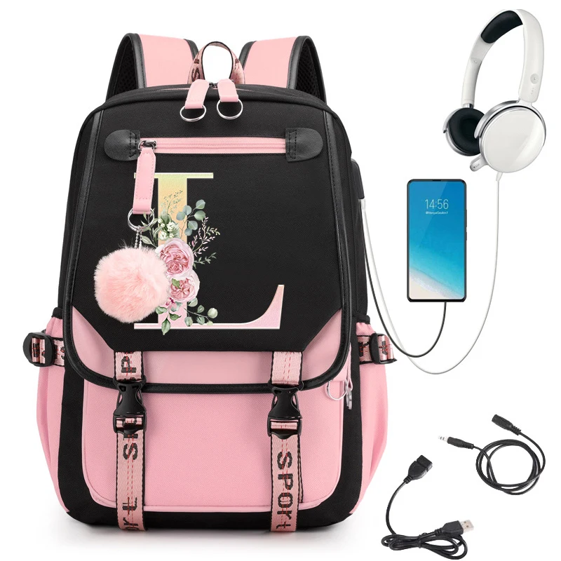 Pink Backpack Graphic Gold Printed Letter Flower A-Z Alphabet Shoulders Bag Teenage Fashion Girl Backpack High School Backpacks