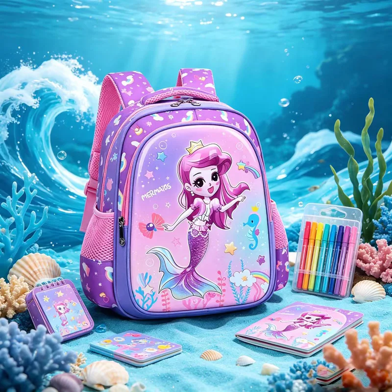 Kids Backpack Purple Girl Elementary Primary School Backpacks Kindergarten Bookbags 3D Mermaid Cute Children Shoulder School Bag