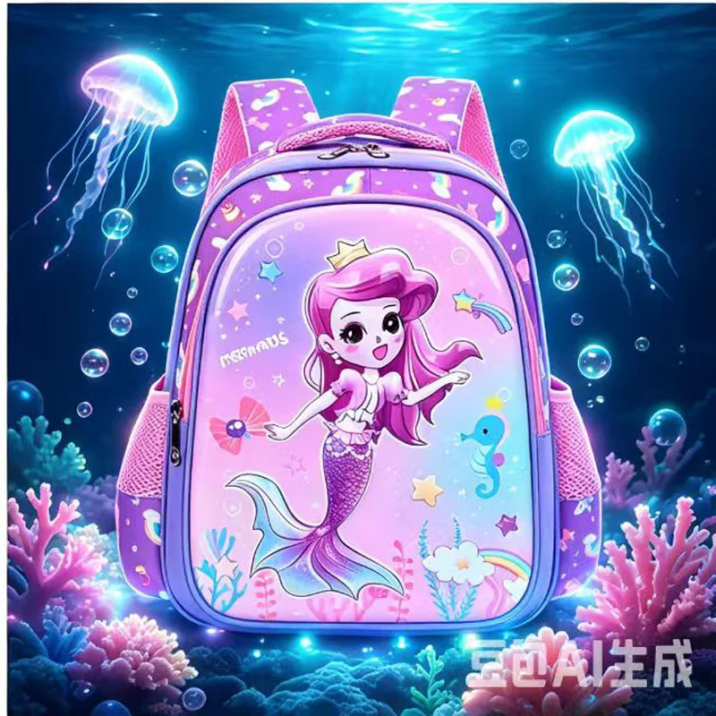 Kids Backpack Purple Girl Elementary Primary School Backpacks Kindergarten Bookbags 3D Mermaid Cute Children Shoulder School Bag