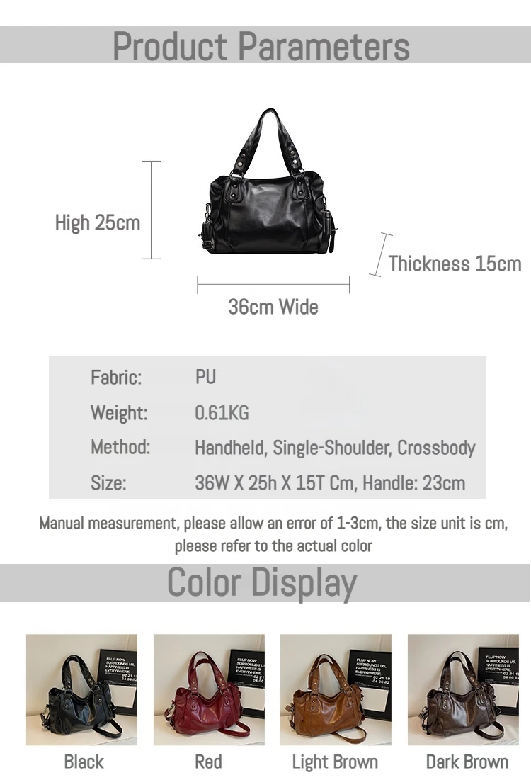 Classic Retro Casual Solid-Color Tote Bag Large-Capacity PU Shoulder Bag Soft Leather Fashionable Versatile Commuter Handbag