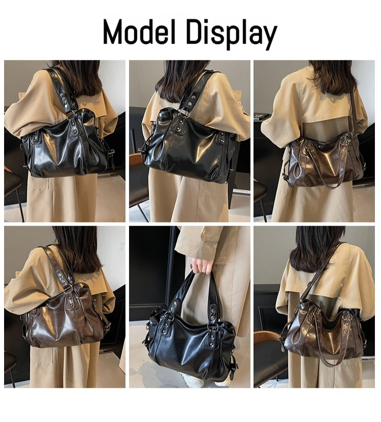 Classic Retro Casual Solid-Color Tote Bag Large-Capacity PU Shoulder Bag Soft Leather Fashionable Versatile Commuter Handbag
