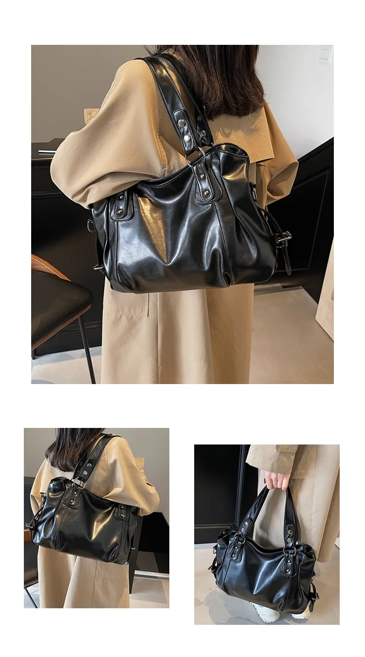 Classic Retro Casual Solid-Color Tote Bag Large-Capacity PU Shoulder Bag Soft Leather Fashionable Versatile Commuter Handbag