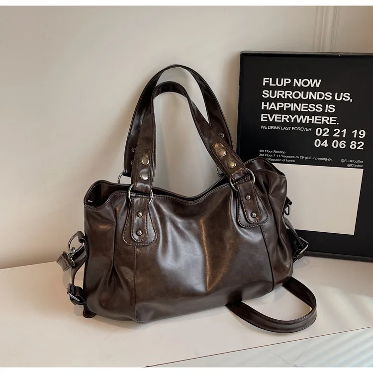 Classic Retro Casual Solid-Color Tote Bag Large-Capacity PU Shoulder Bag Soft Leather Fashionable Versatile Commuter Handbag