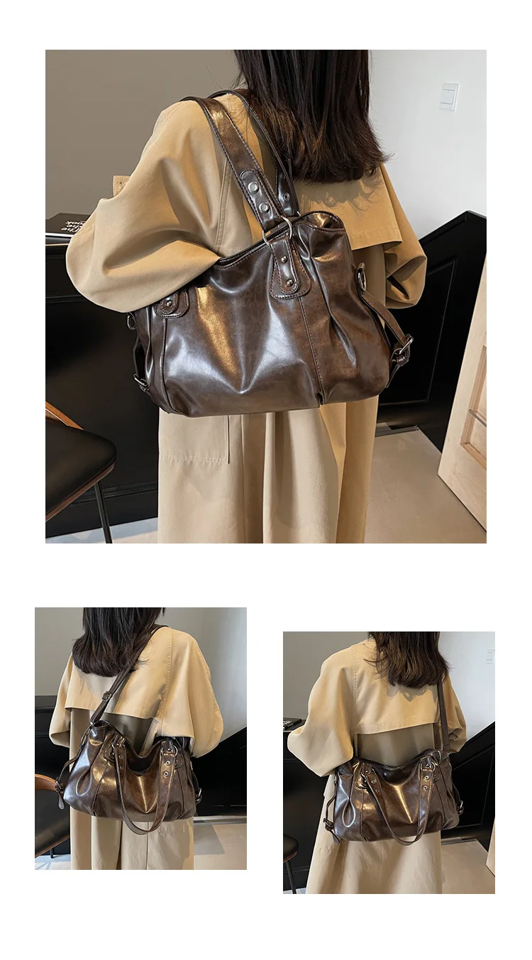 Classic Retro Casual Solid-Color Tote Bag Large-Capacity PU Shoulder Bag Soft Leather Fashionable Versatile Commuter Handbag