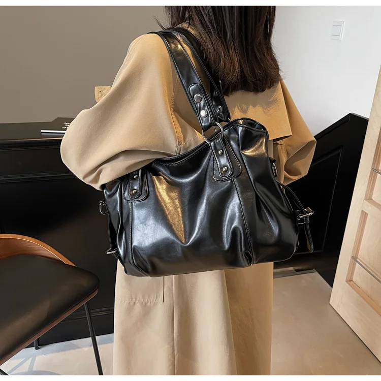 Classic Retro Casual Solid-Color Tote Bag Large-Capacity PU Shoulder Bag Soft Leather Fashionable Versatile Commuter Handbag