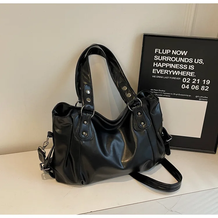 Classic Retro Casual Solid-Color Tote Bag Large-Capacity PU Shoulder Bag Soft Leather Fashionable Versatile Commuter Handbag