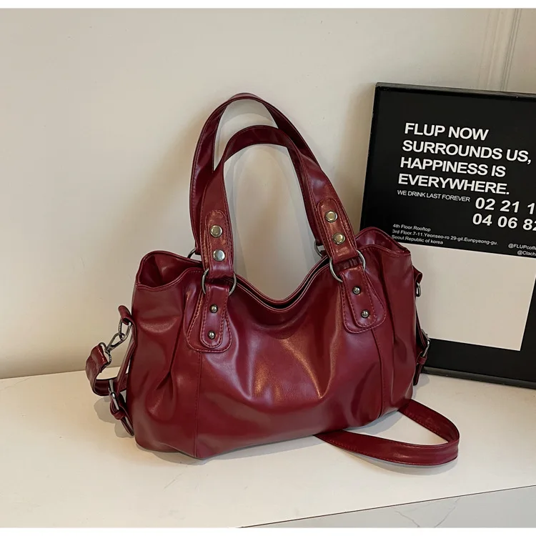 Classic Retro Casual Solid-Color Tote Bag Large-Capacity PU Shoulder Bag Soft Leather Fashionable Versatile Commuter Handbag