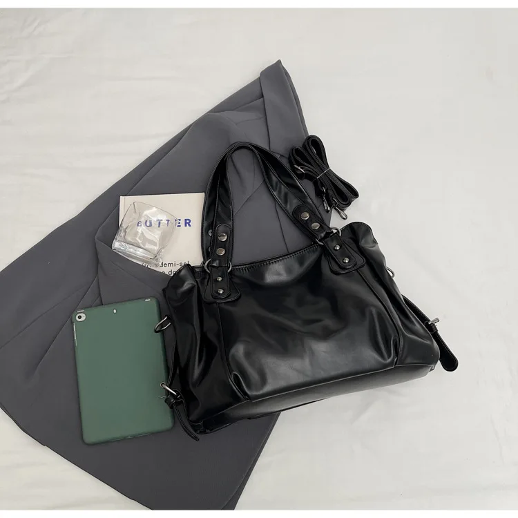 Classic Retro Casual Solid-Color Tote Bag Large-Capacity PU Shoulder Bag Soft Leather Fashionable Versatile Commuter Handbag