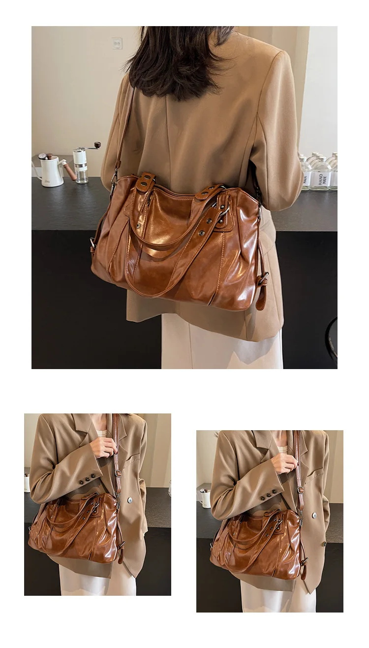 Classic Retro Casual Solid-Color Tote Bag Large-Capacity PU Shoulder Bag Soft Leather Fashionable Versatile Commuter Handbag