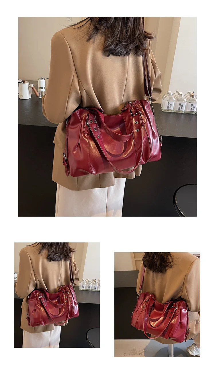 Classic Retro Casual Solid-Color Tote Bag Large-Capacity PU Shoulder Bag Soft Leather Fashionable Versatile Commuter Handbag