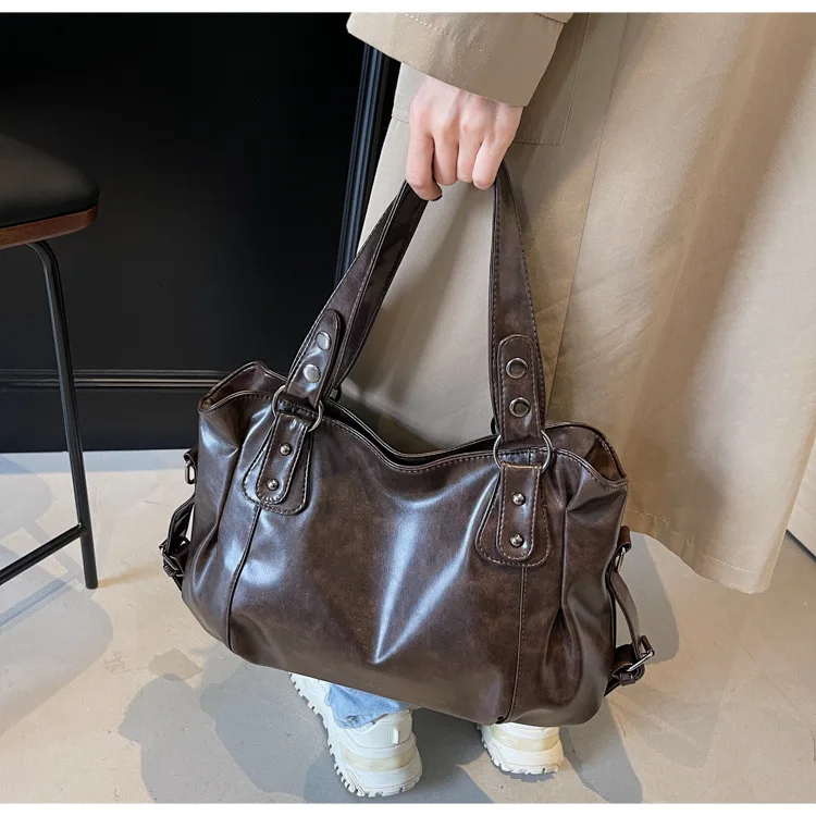 Classic Retro Casual Solid-Color Tote Bag Large-Capacity PU Shoulder Bag Soft Leather Fashionable Versatile Commuter Handbag