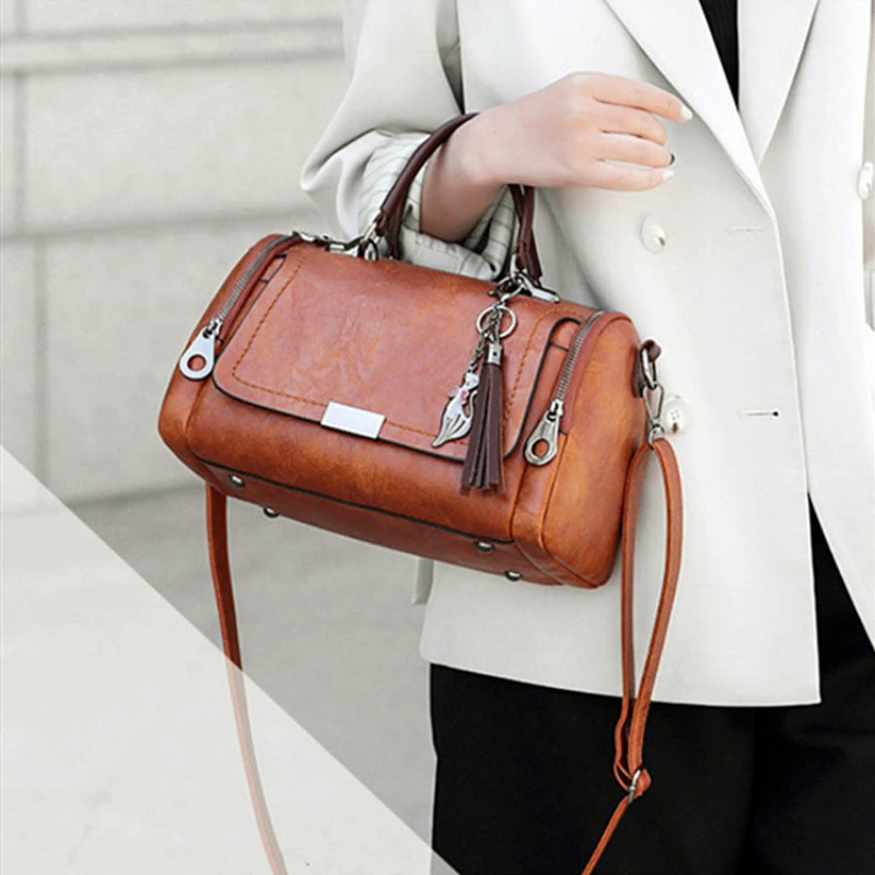 Tassel Decor Women's Large Capacity Shoulder Bag Fashion Zipper Crossbody Bag With Removable Strap Boston Handbag