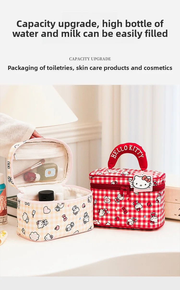 Large-capacity portable storage bag, cute plaid Sanrio Kitty makeup bag, durable canvas makeup storage bag
