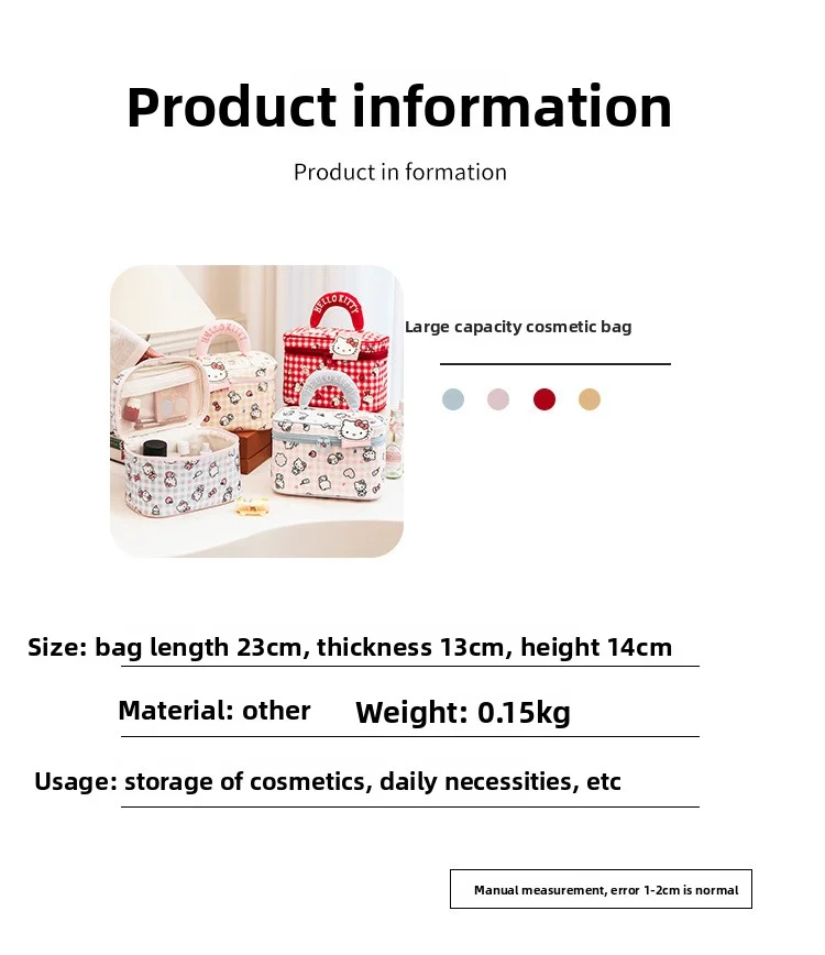 Large-capacity portable storage bag, cute plaid Sanrio Kitty makeup bag, durable canvas makeup storage bag
