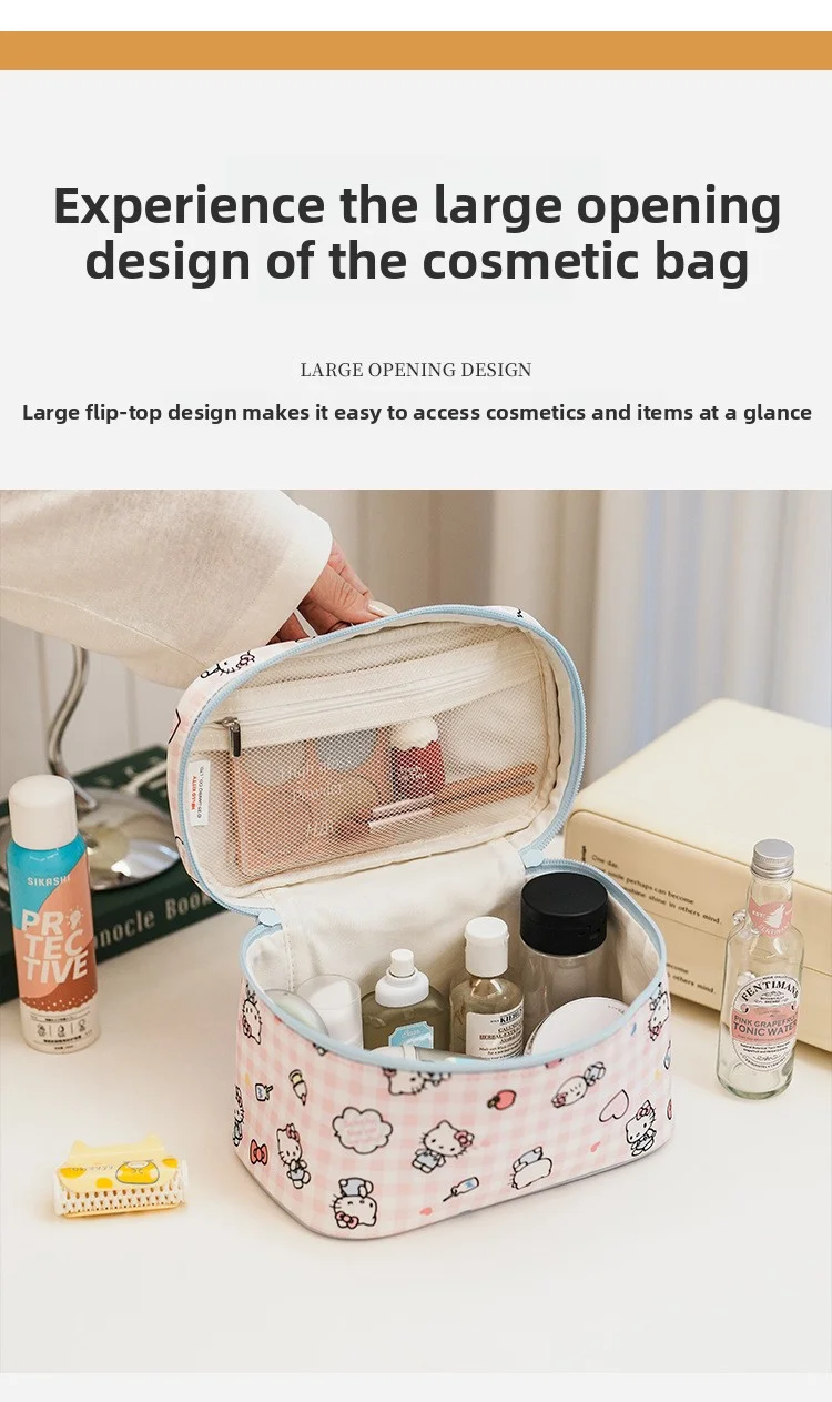 Large-capacity portable storage bag, cute plaid Sanrio Kitty makeup bag, durable canvas makeup storage bag