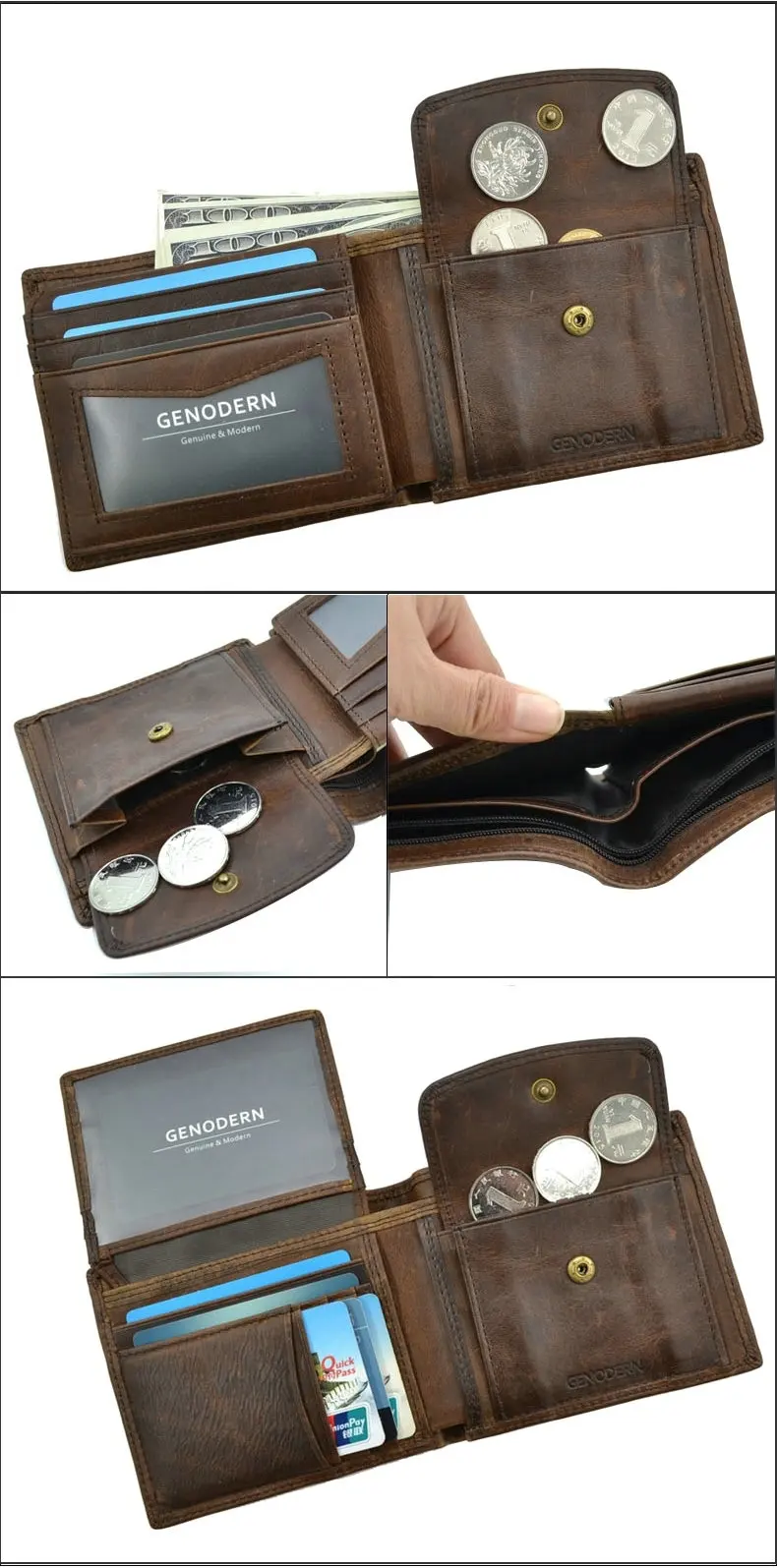 Cow Leather Men Wallets with Coin Pocket Vintage Male Purse Function Brown Genuine Leather Men Wallet with Card Holders