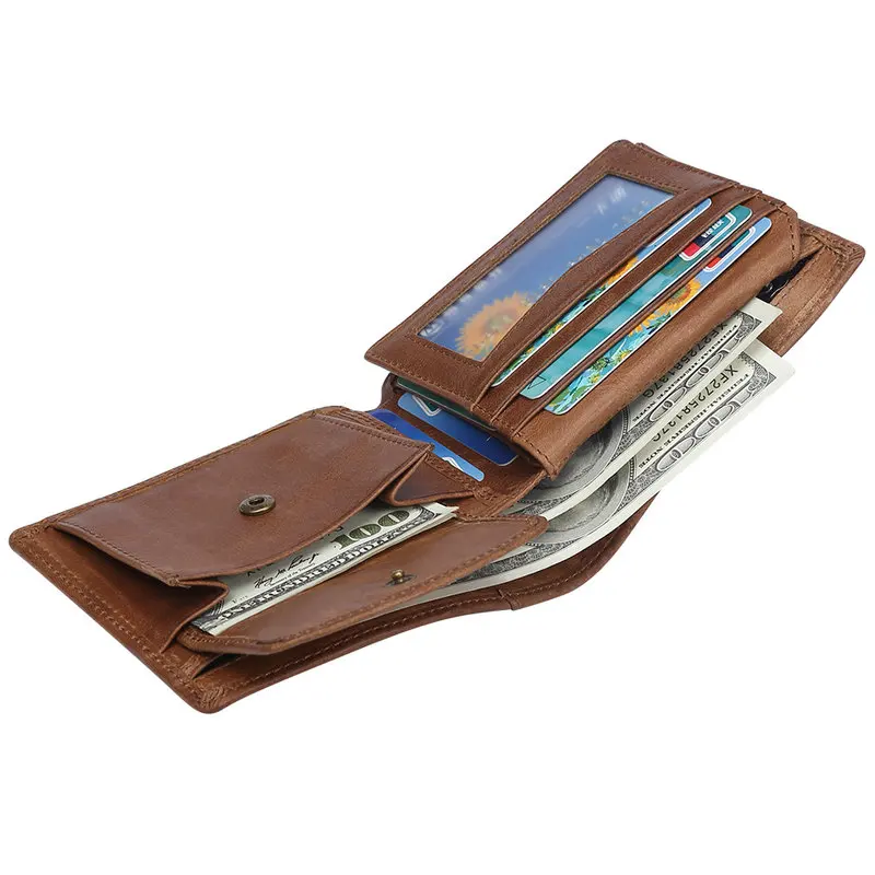 Cow Leather Men Wallets with Coin Pocket Vintage Male Purse Function Brown Genuine Leather Men Wallet with Card Holders