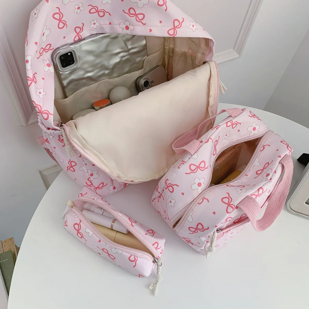 Sweet Simple Bow Tie Floral Three Piece Backpack Lightweight Large Capacity Multifunctional Student Backpack Campus Outdoor