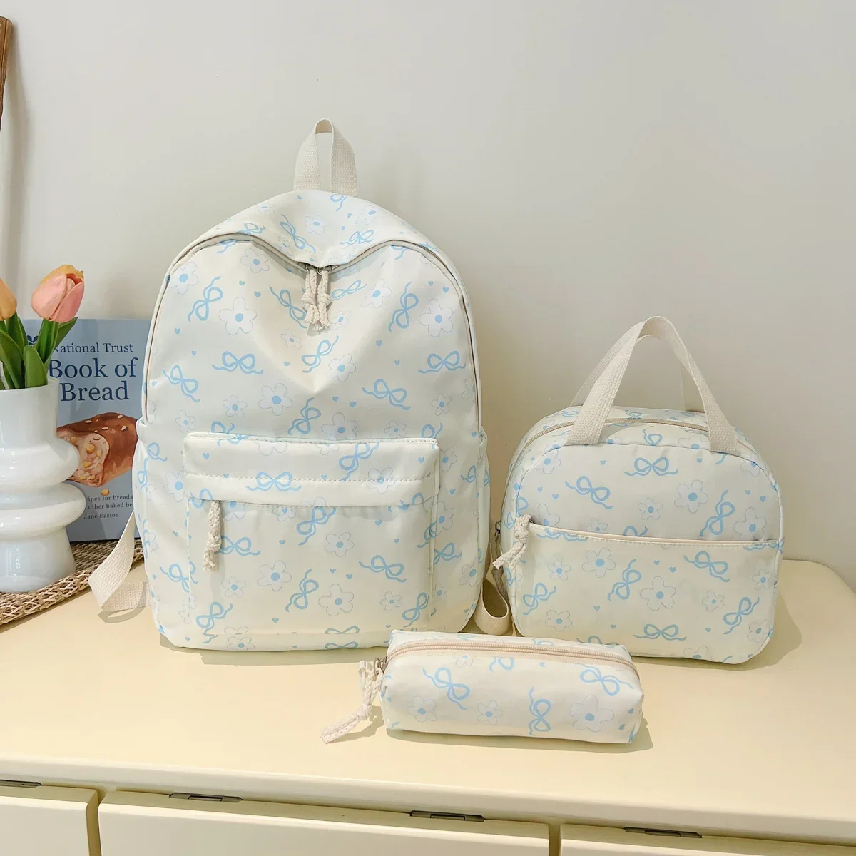 Sweet Simple Bow Tie Floral Three Piece Backpack Lightweight Large Capacity Multifunctional Student Backpack Campus Outdoor