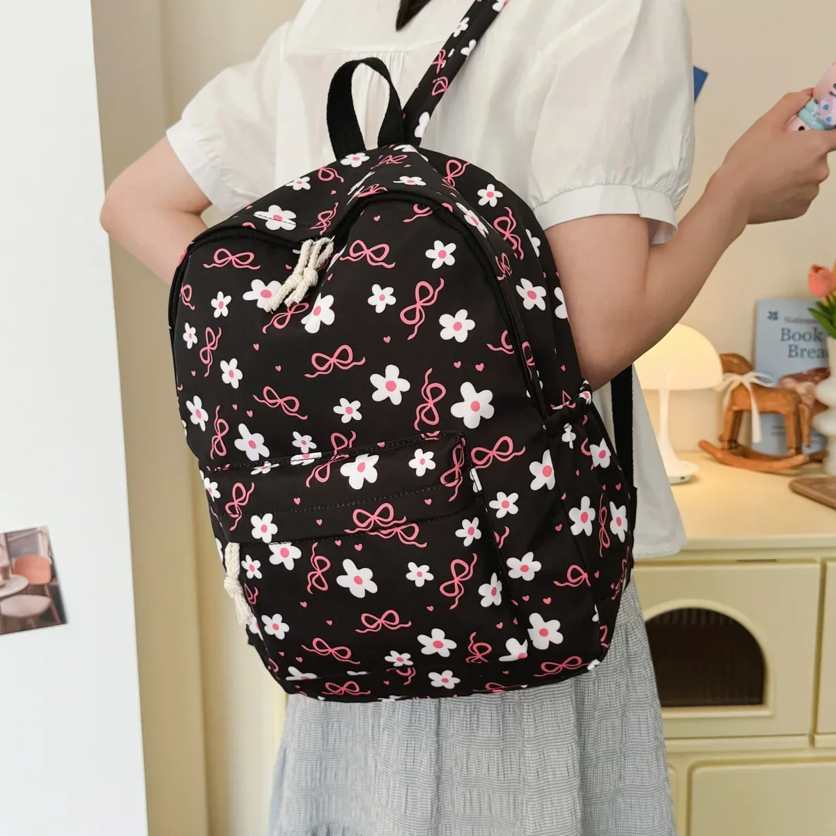 Sweet Simple Bow Tie Floral Three Piece Backpack Lightweight Large Capacity Multifunctional Student Backpack Campus Outdoor