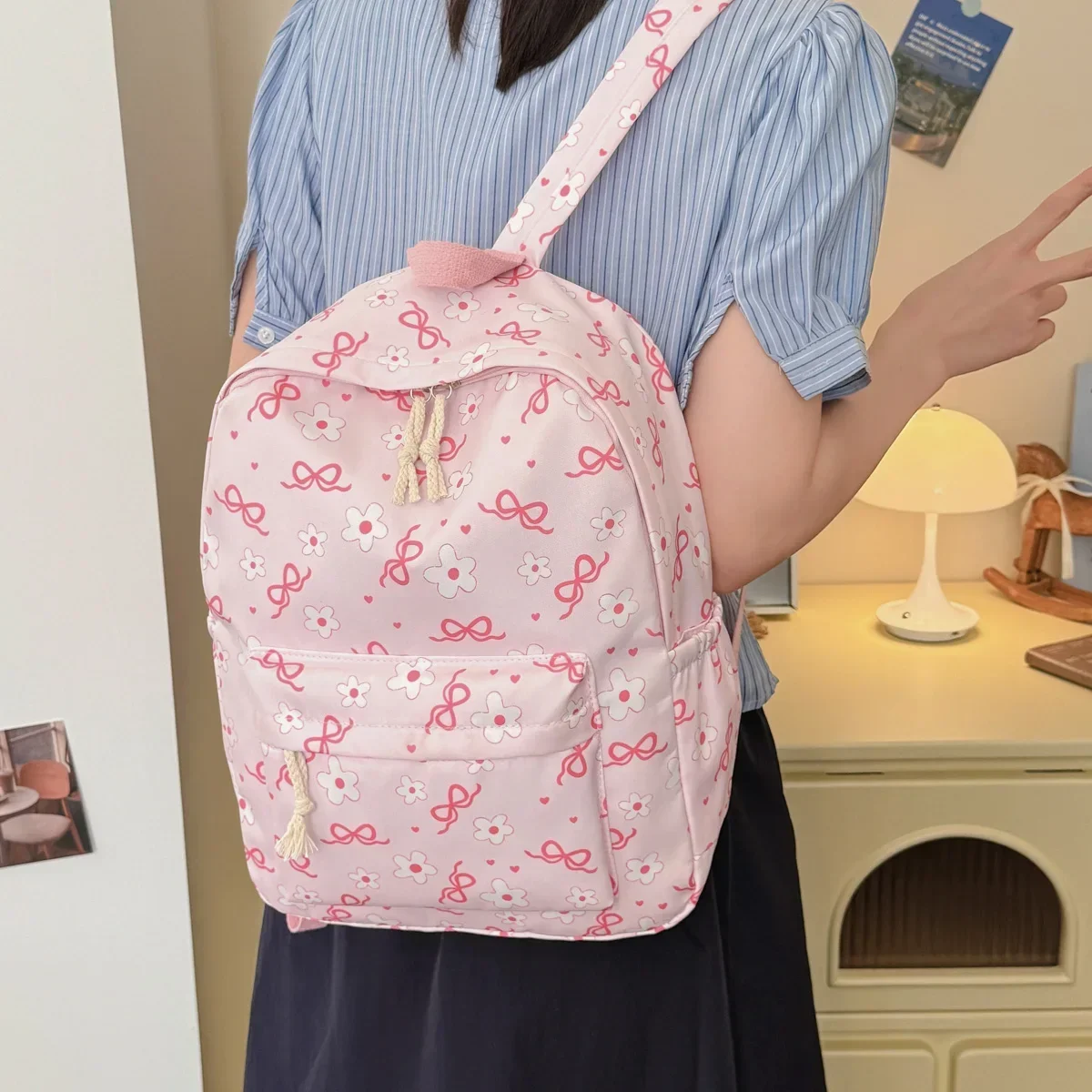 Sweet Simple Bow Tie Floral Three Piece Backpack Lightweight Large Capacity Multifunctional Student Backpack Campus Outdoor