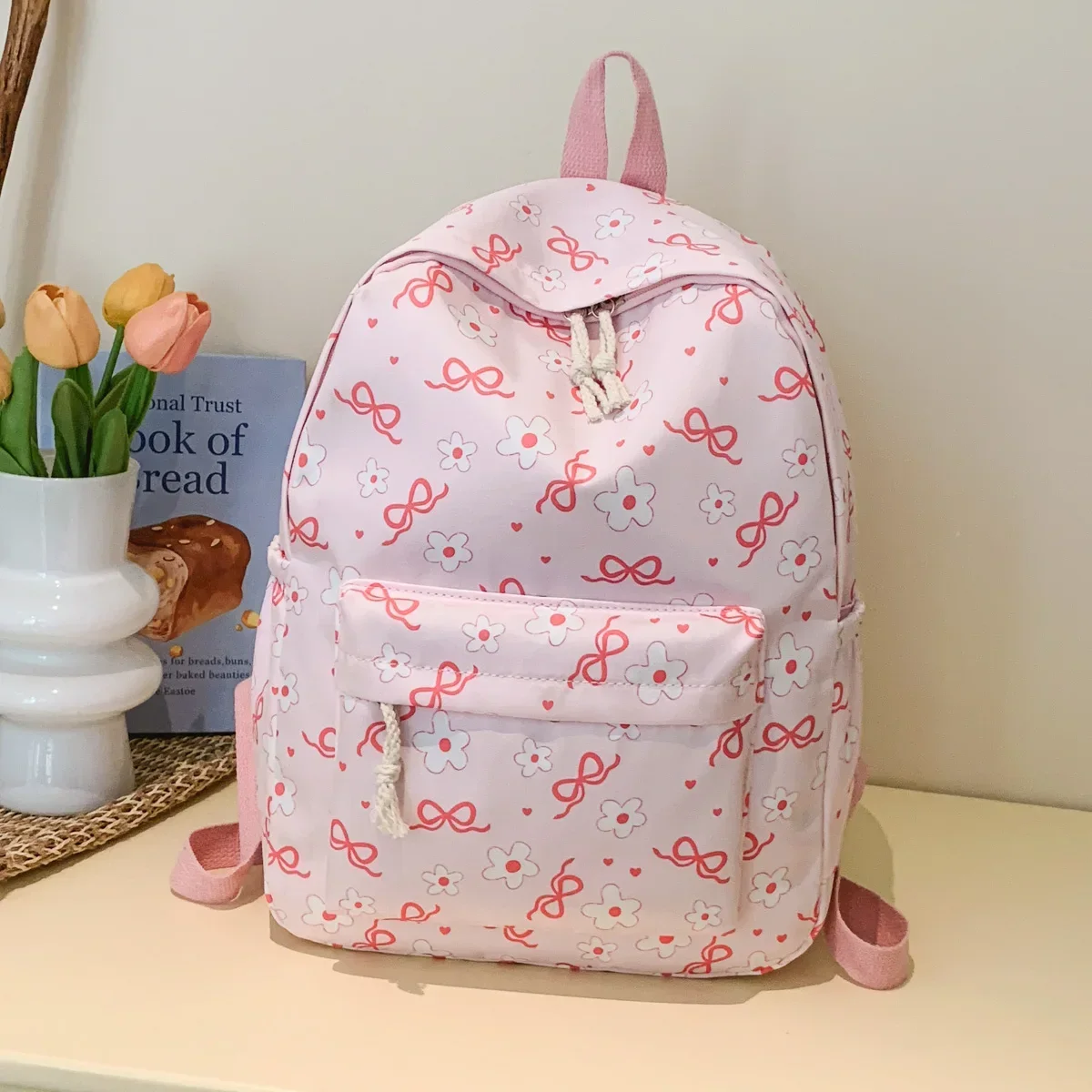 Sweet Simple Bow Tie Floral Three Piece Backpack Lightweight Large Capacity Multifunctional Student Backpack Campus Outdoor
