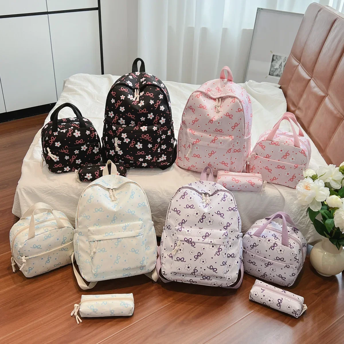 Sweet Simple Bow Tie Floral Three Piece Backpack Lightweight Large Capacity Multifunctional Student Backpack Campus Outdoor