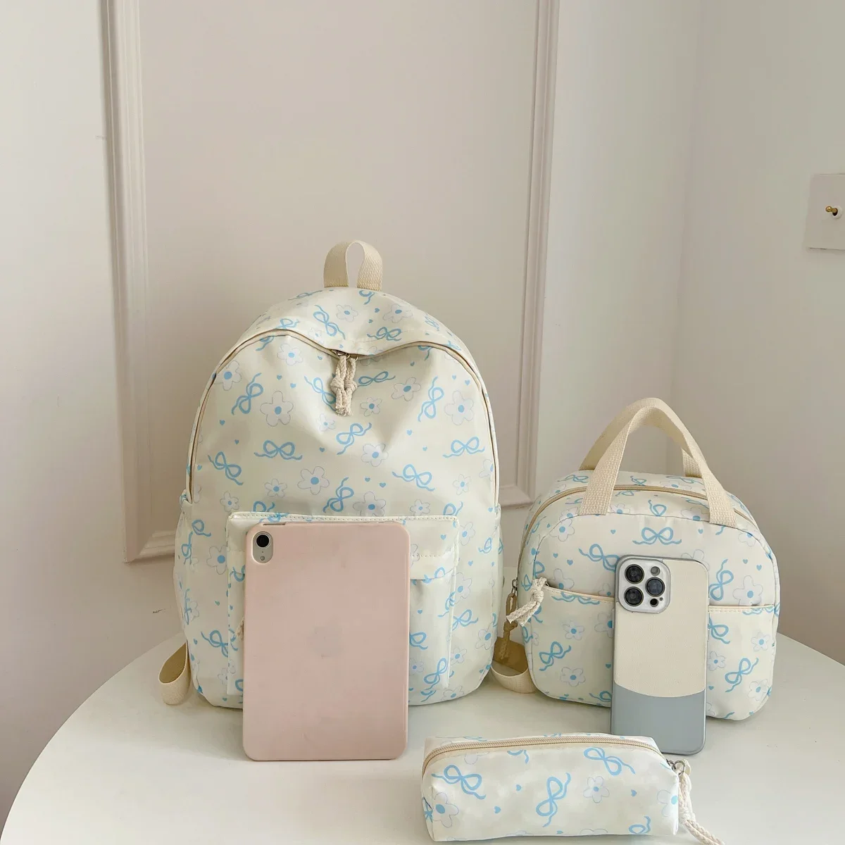 Sweet Simple Bow Tie Floral Three Piece Backpack Lightweight Large Capacity Multifunctional Student Backpack Campus Outdoor