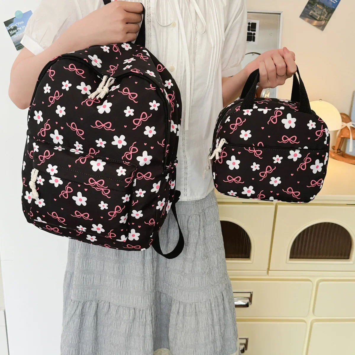 Sweet Simple Bow Tie Floral Three Piece Backpack Lightweight Large Capacity Multifunctional Student Backpack Campus Outdoor