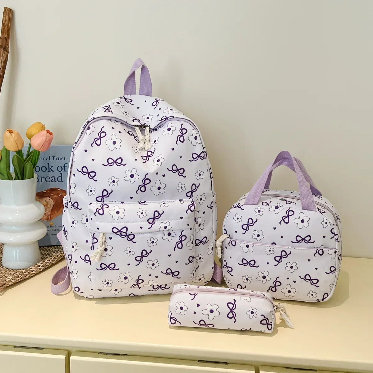 Sweet Simple Bow Tie Floral Three Piece Backpack Lightweight Large Capacity Multifunctional Student Backpack Campus Outdoor