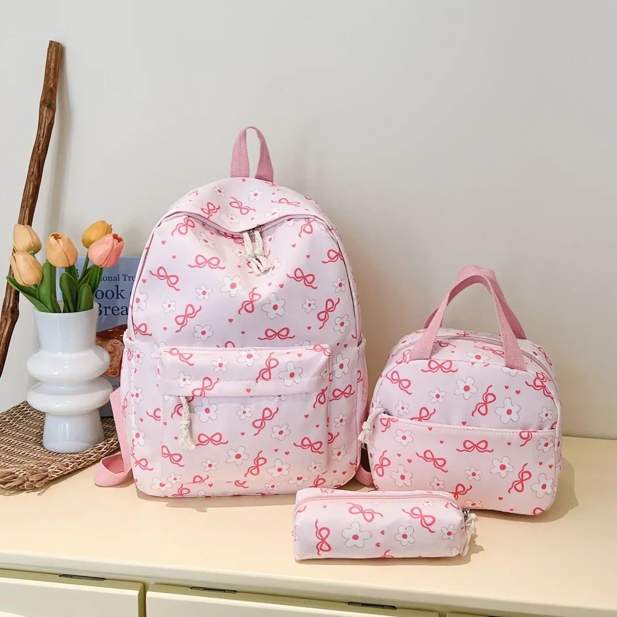 Sweet Simple Bow Tie Floral Three Piece Backpack Lightweight Large Capacity Multifunctional Student Backpack Campus Outdoor