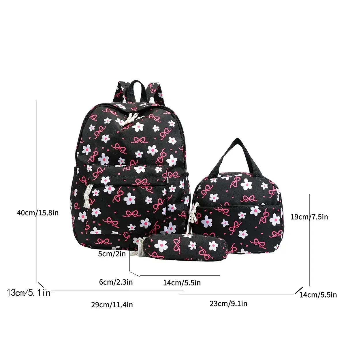 Sweet Simple Bow Tie Floral Three Piece Backpack Lightweight Large Capacity Multifunctional Student Backpack Campus Outdoor