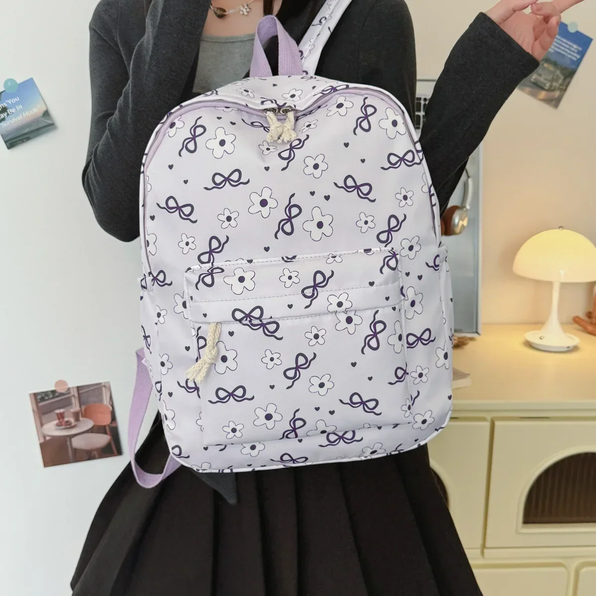 Sweet Simple Bow Tie Floral Three Piece Backpack Lightweight Large Capacity Multifunctional Student Backpack Campus Outdoor