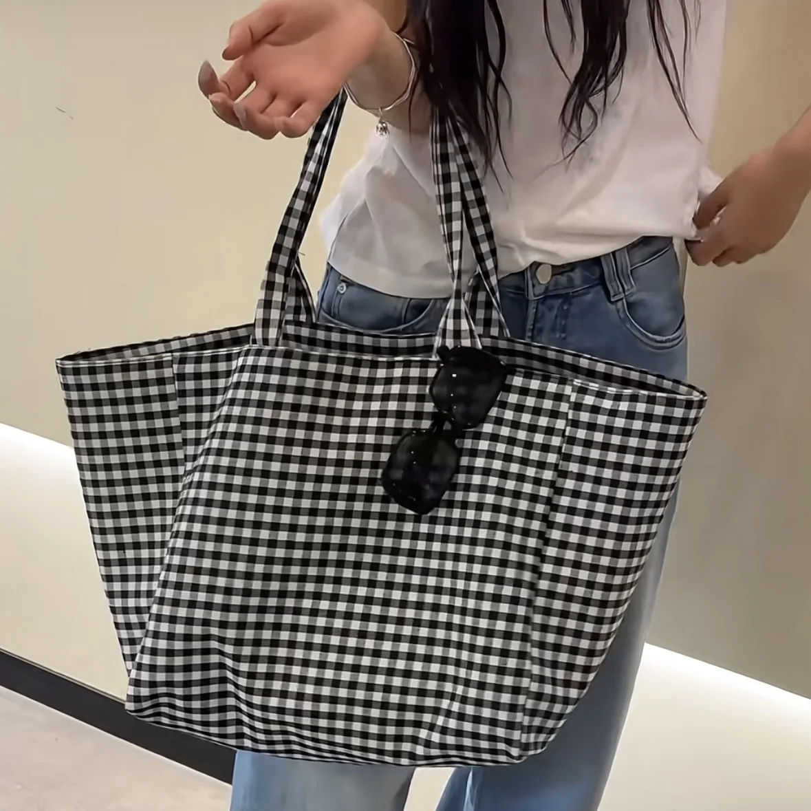 Women's Tote Bags Korean Plaid Harajuku Fashionable Simple Versatile Shoulder Bags Large Capacity Portable Handbags For Girl