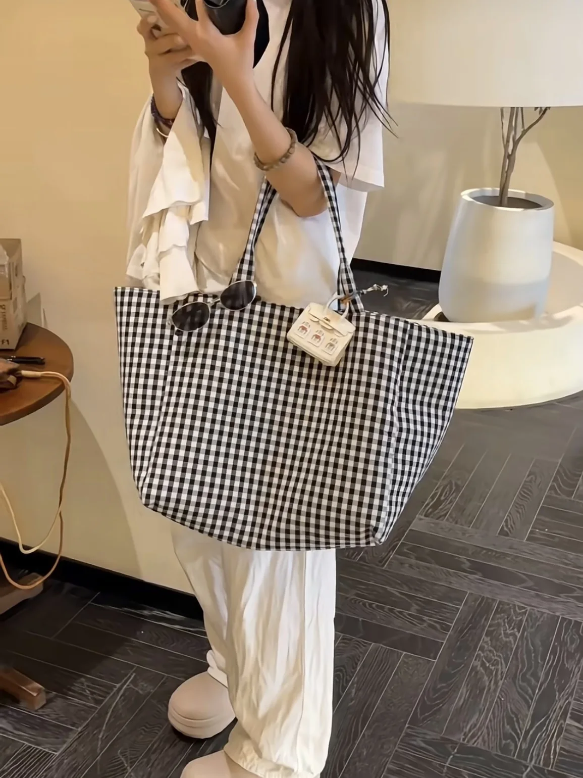 Women's Tote Bags Korean Plaid Harajuku Fashionable Simple Versatile Shoulder Bags Large Capacity Portable Handbags For Girl