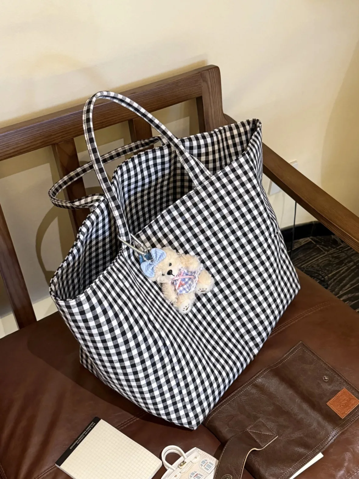 Women's Tote Bags Korean Plaid Harajuku Fashionable Simple Versatile Shoulder Bags Large Capacity Portable Handbags For Girl