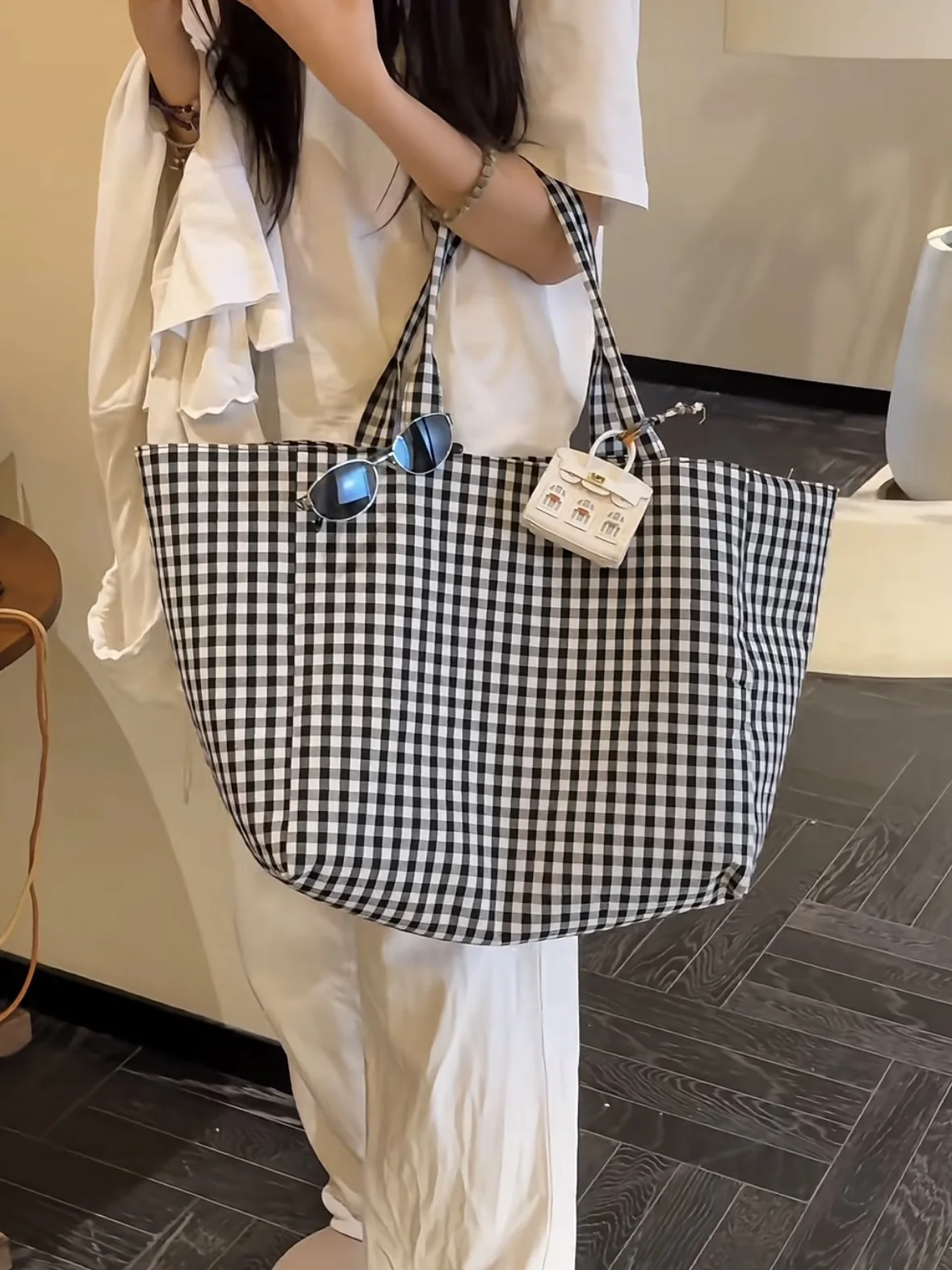 Women's Tote Bags Korean Plaid Harajuku Fashionable Simple Versatile Shoulder Bags Large Capacity Portable Handbags For Girl
