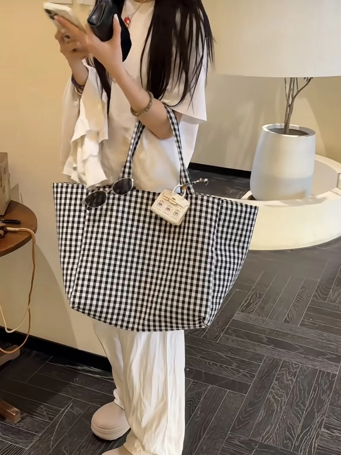 Women's Tote Bags Korean Plaid Harajuku Fashionable Simple Versatile Shoulder Bags Large Capacity Portable Handbags For Girl