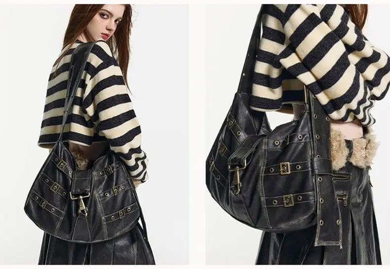 American Retro Punk Pu Leather Handbag Metal Button Shoulder Bags Tote Woman Bag Large Capacity Commuting Storage Bag Purse