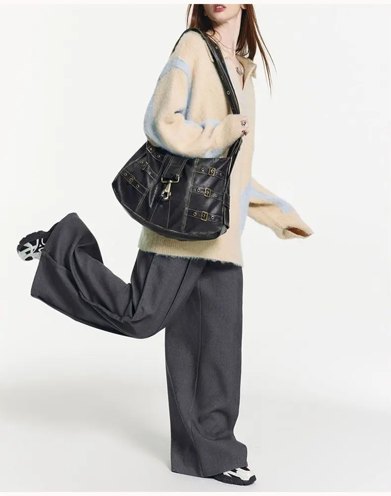 American Retro Punk Pu Leather Handbag Metal Button Shoulder Bags Tote Woman Bag Large Capacity Commuting Storage Bag Purse