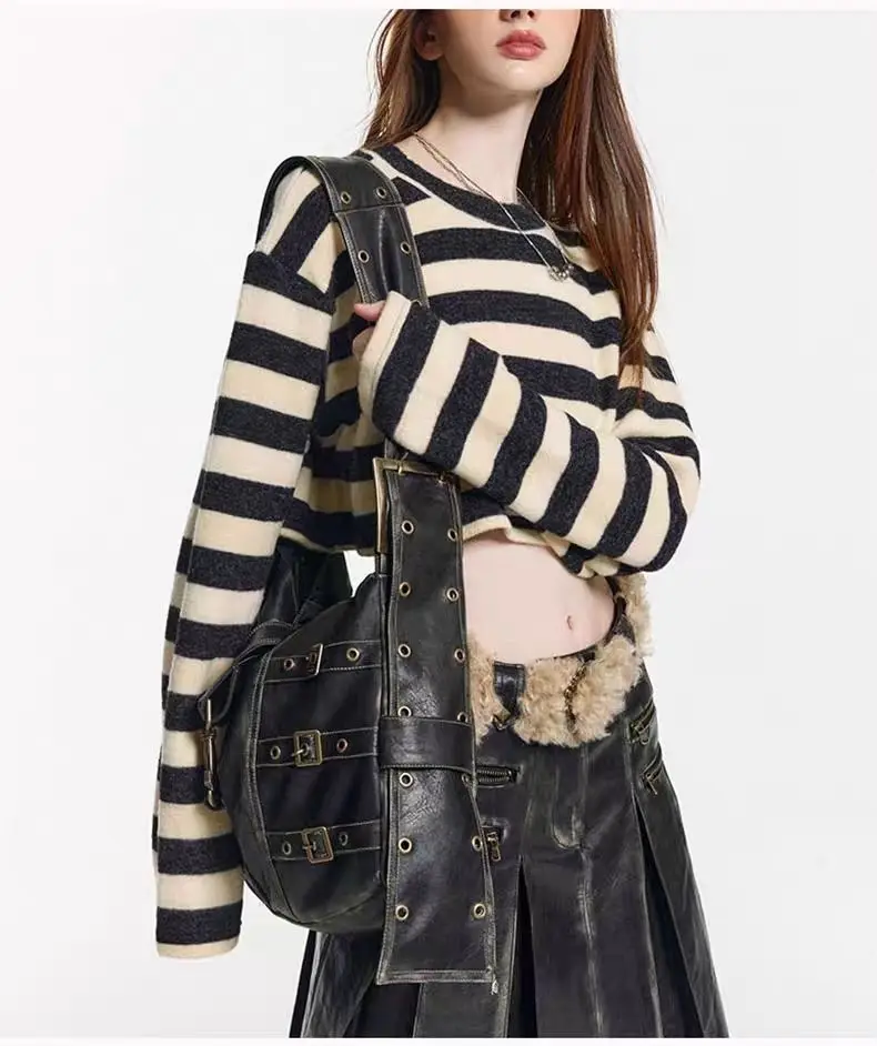 American Retro Punk Pu Leather Handbag Metal Button Shoulder Bags Tote Woman Bag Large Capacity Commuting Storage Bag Purse