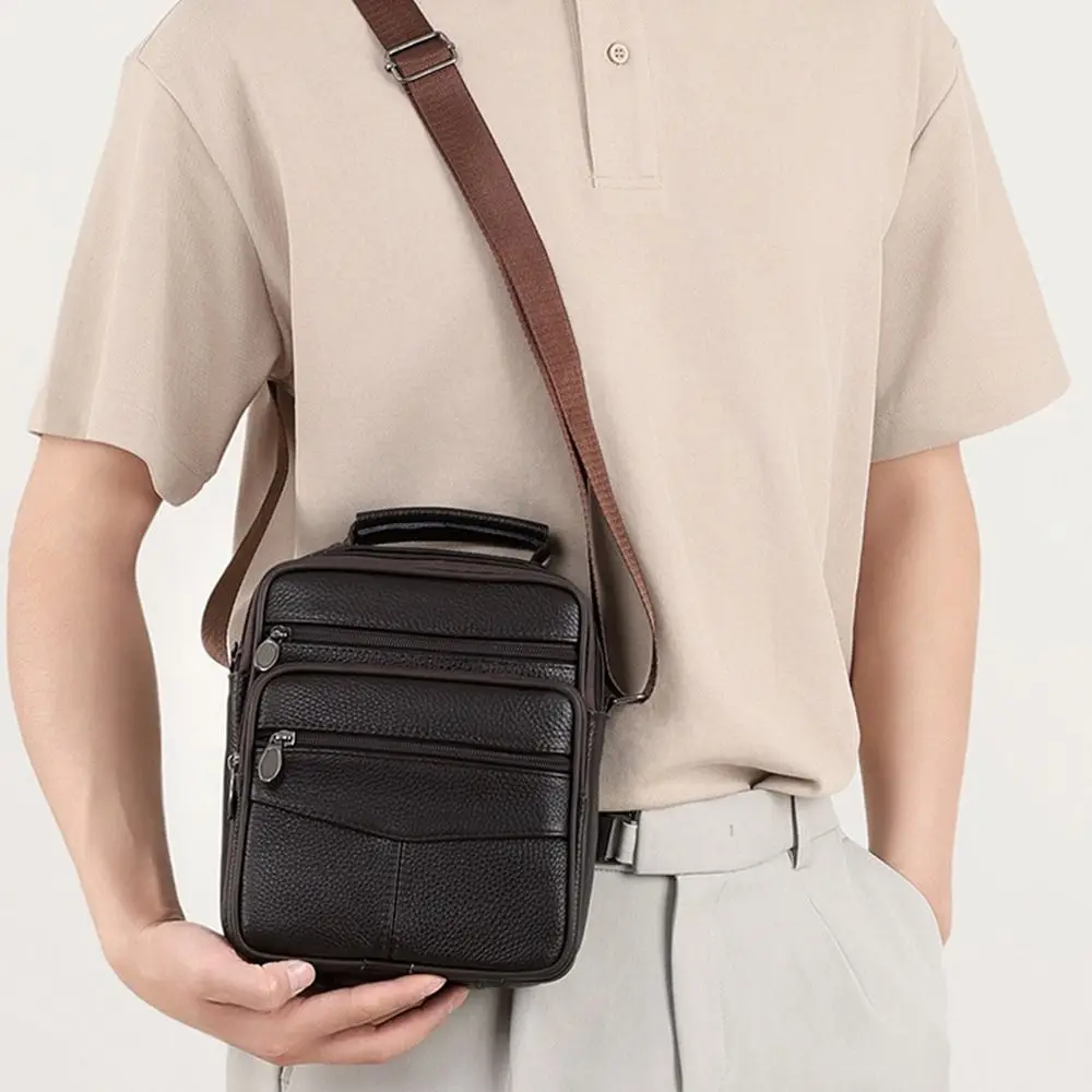 Natural Leather Men's Leather Handbag Small Size Tablet Compartment Genuine Leather Shoulder Bag Shoulder Strap Messenger Style
