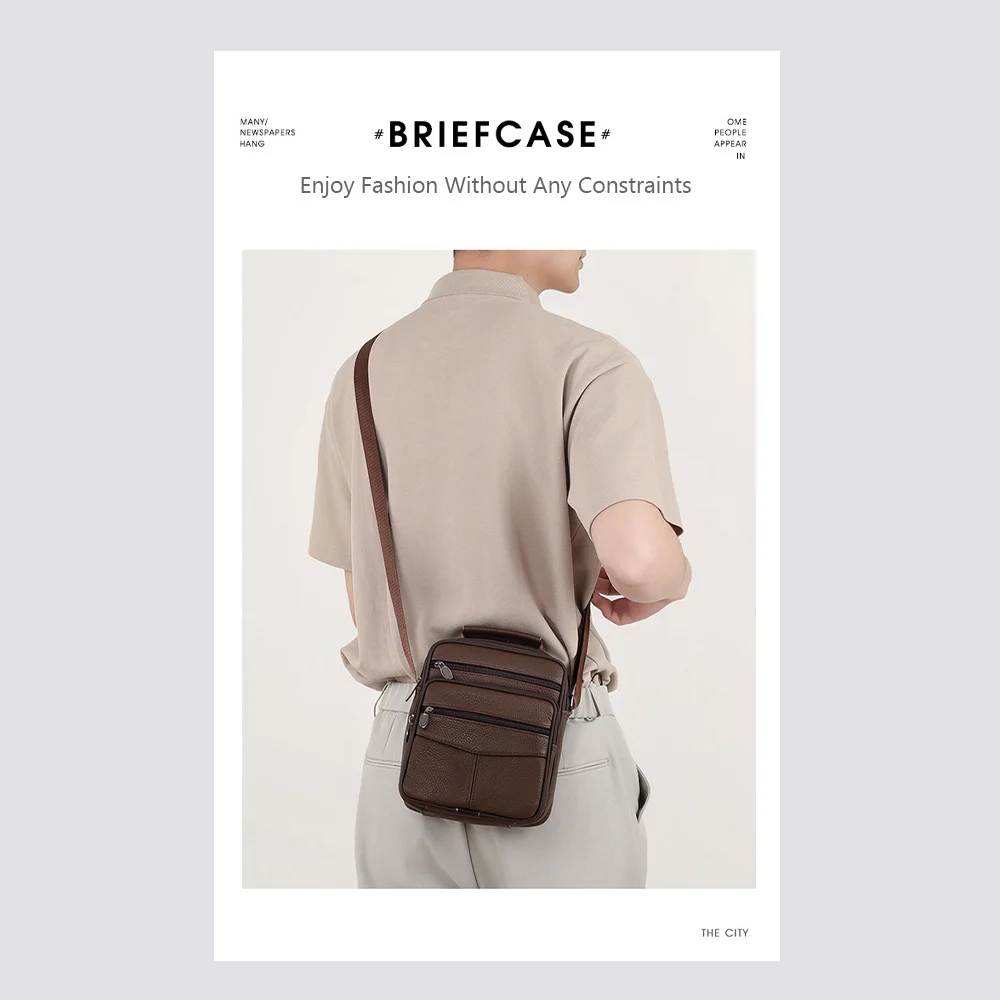 Natural Leather Men's Leather Handbag Small Size Tablet Compartment Genuine Leather Shoulder Bag Shoulder Strap Messenger Style