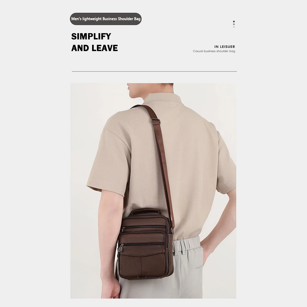 Natural Leather Men's Leather Handbag Small Size Tablet Compartment Genuine Leather Shoulder Bag Shoulder Strap Messenger Style