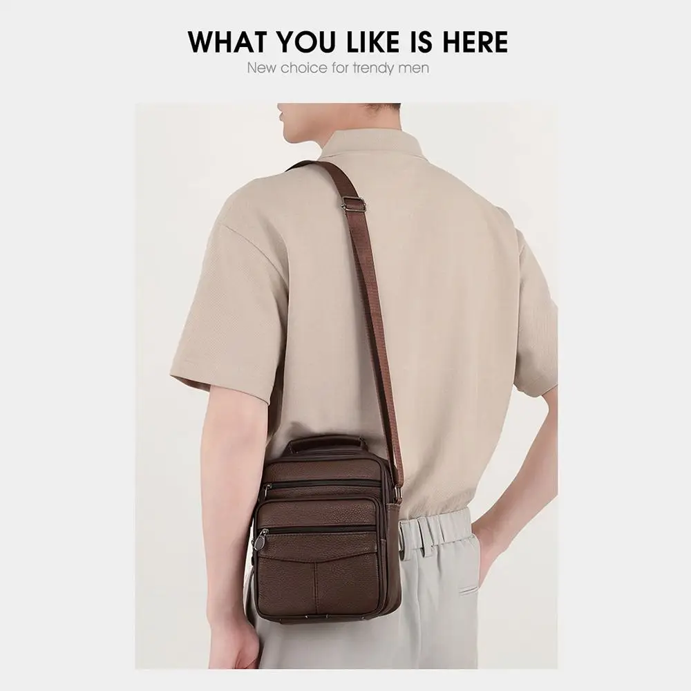 Natural Leather Men's Leather Handbag Small Size Tablet Compartment Genuine Leather Shoulder Bag Shoulder Strap Messenger Style