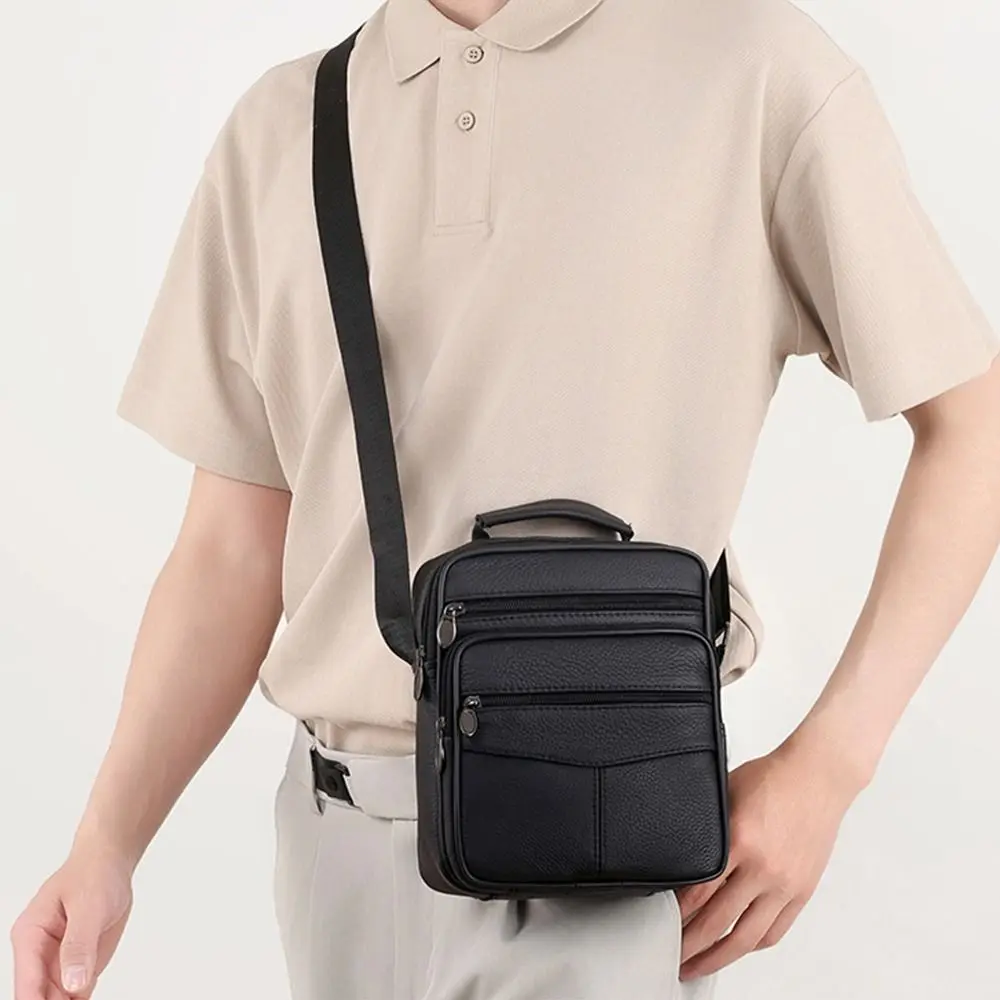Natural Leather Men's Leather Handbag Small Size Tablet Compartment Genuine Leather Shoulder Bag Shoulder Strap Messenger Style