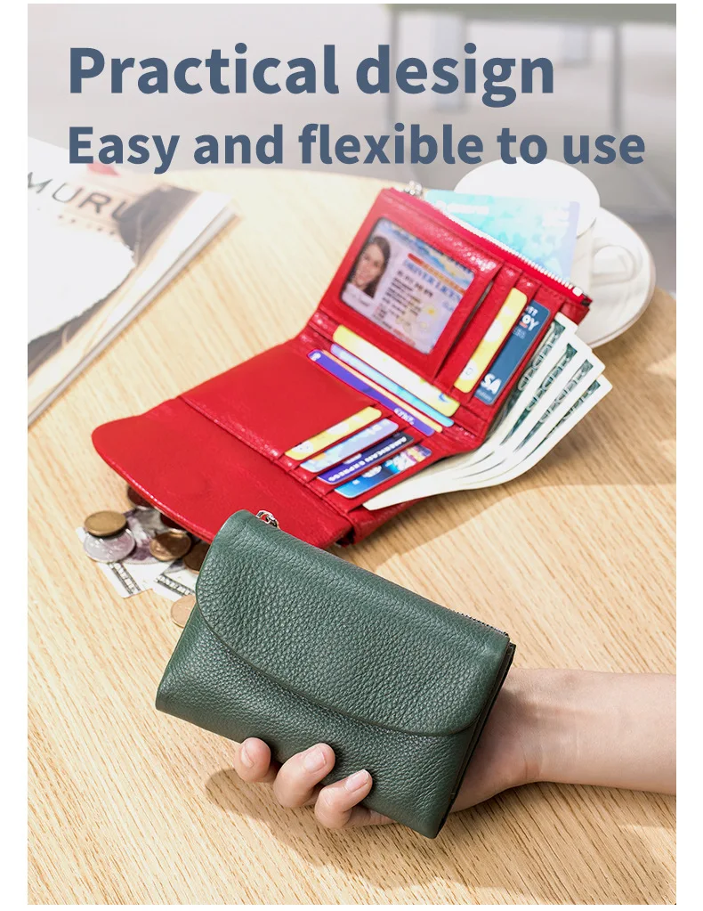 Coin Purse Genuine Cow Leather Short Wallet Trifold for Small Women's Purses Clutch Cowhide Card Holder Travel Card Wallets